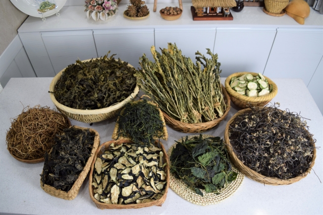 Clockwise from bottom left: Dried sweet potato stems, aster glehnil, thistle, radish leves, green pumpkin, fernbrake, aster, eggplants, castor bean. (Kim Hae-yeon/The Korea Herald)