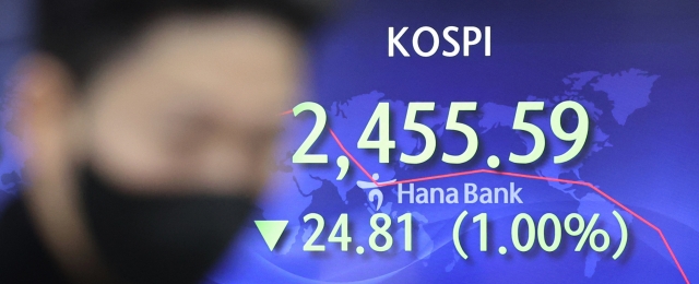 An electronic board showing the Korea Composite Stock Price Index at a dealing room of the Hana Bank headquarters in Seoul on Monday. (Yonhap)