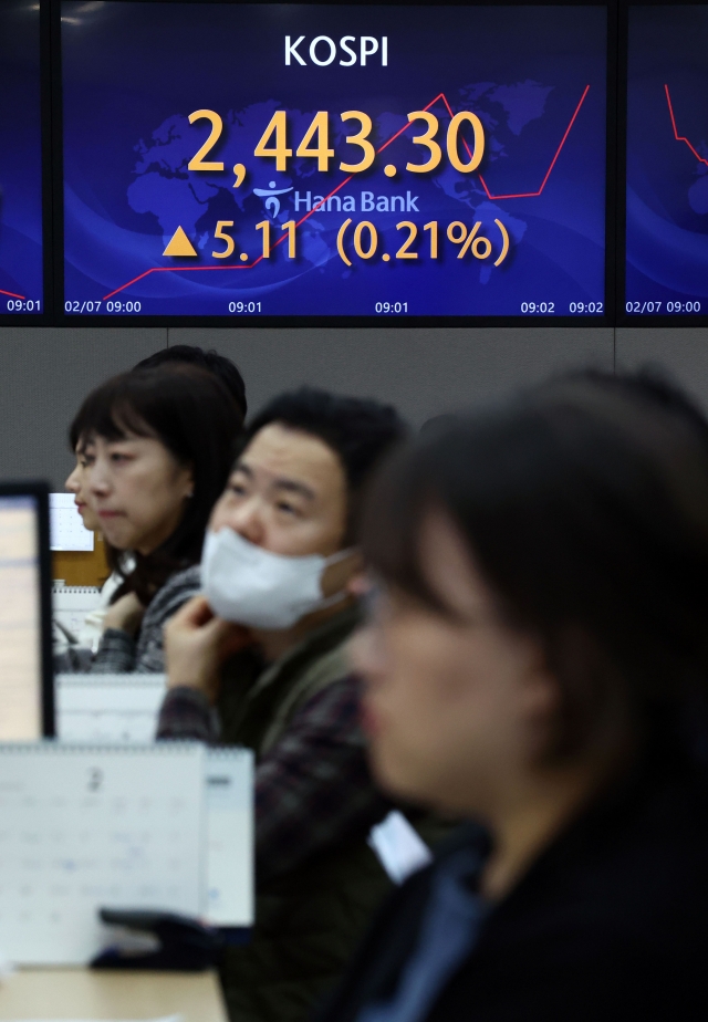 An electronic board showing the Korea Composite Stock Price Index at a dealing room of the Hana Bank headquarters in Seoul on Tuesday. (Yonhap)