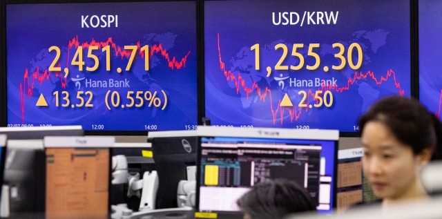 An electronic board showing the Korea Composite Stock Price Index at a dealing room of the Hana Bank headquarters in Seoul on Tuesday. (Yonhap)