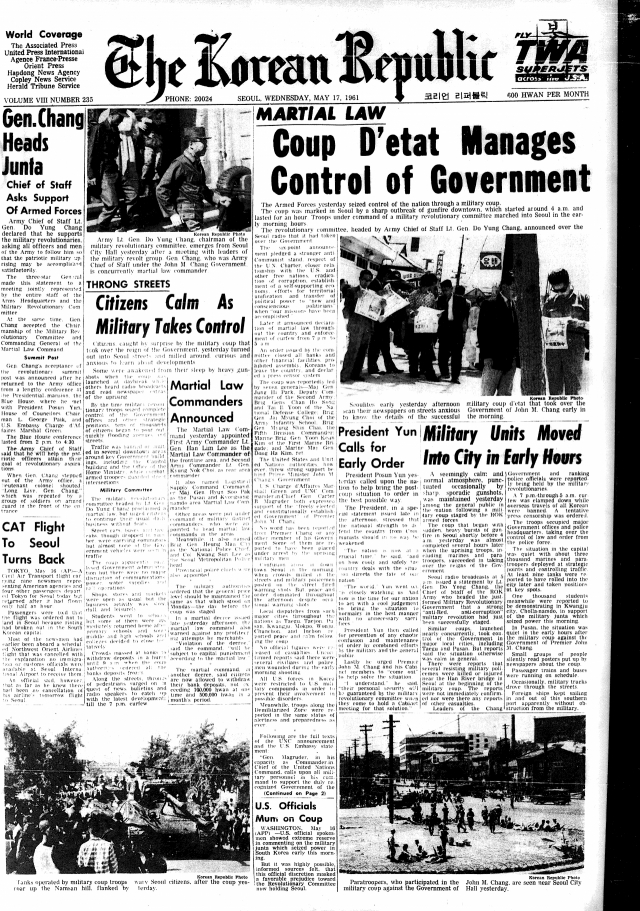 This edition of The Korean Republic on May 17, 1961, shows the stories related to the military coup lead by Army General Park Chung-hee, who would eventually become the president of South Korea. (The Korea Herald)