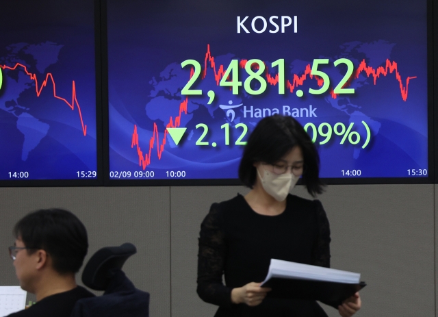 An electronic board showing the Korea Composite Stock Price Index at a dealing room of the Hana Bank headquarters in Seoul on Thursday. (Yonhap)