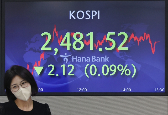 An electronic board showing the Korea Composite Stock Price Index at a dealing room of the Hana Bank headquarters in Seoul on Friday. (Yonhap)