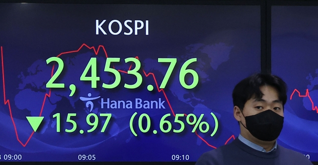 An electronic board showing the Korea Composite Stock Price Index at a dealing room of the Hana Bank headquarters in Seoul on Monday. (Yonhap)