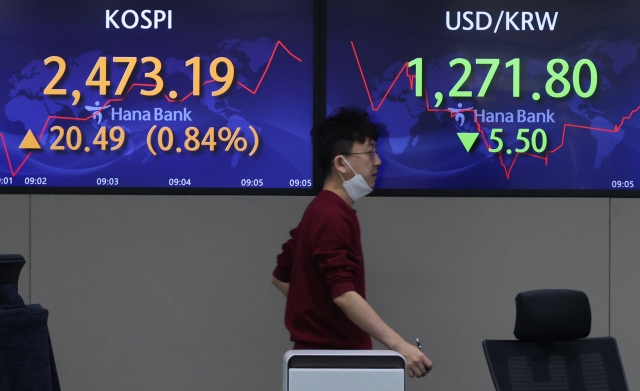 An electronic board showing the Korea Composite Stock Price Index at a dealing room of the Hana Bank headquarters in Seoul on Tuesday. (Yonhap)