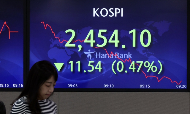 An electronic board showing the Korea Composite Stock Price Index at a dealing room of the Hana Bank headquarters in Seoul on Wednesday. (Yonhap)