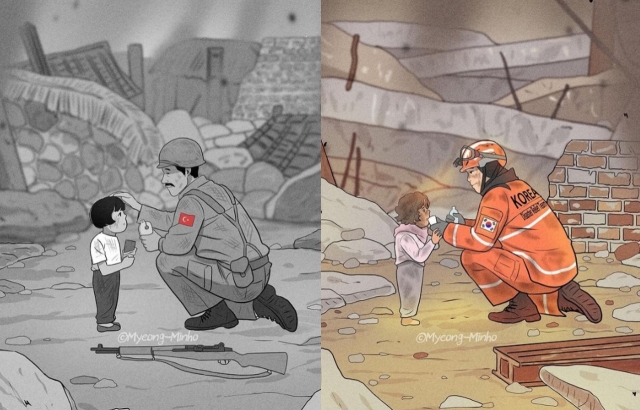 Two illustrations feature a Turkish soldier (left) and a Korean Disaster Relief Team member (right), helping children victims of tragedies. (Courtesy of Myeong Min-ho)