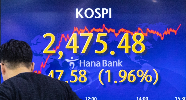 An electronic board showing the Korea Composite Stock Price Index at a dealing room of the Hana Bank headquarters in Seoul on Thursday. (Yonhap)