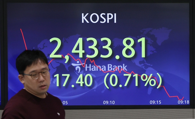 An electronic board showing the Korea Composite Stock Price Index at a dealing room of the Hana Bank headquarters in Seoul on Monday. (Yonhap)