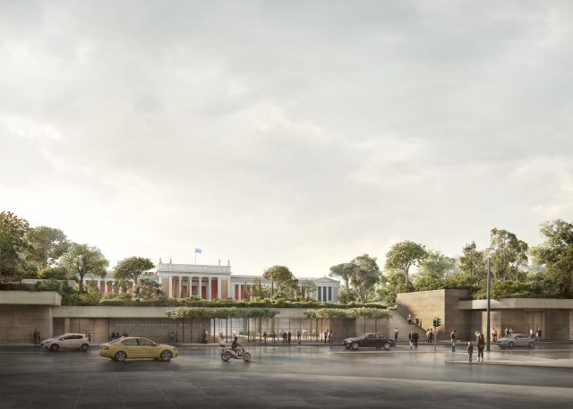 A street view rendering of the National Archaeological Museum's new complex in Athens, Greece. © Filippo Bolognese Images