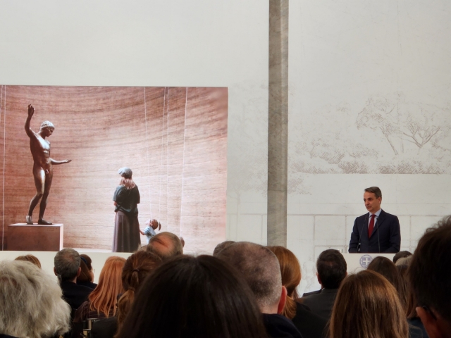 Greek Prime Minister Kyriakos Mitsotakis speaks at the presentation of the new museum extension at the National Archaeological Museum in Athens, Greece, Feb. 15. (Kim Hoo-ran/The Korea Herald)