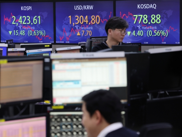 An electronic board showing the Korea Composite Stock Price Index at a dealing room of the Hana Bank headquarters in Seoul on Friday. (Yonhap)