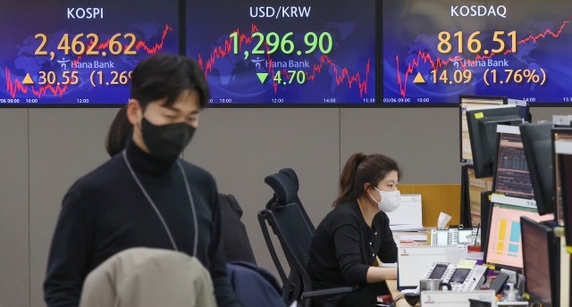 An electronic board showing the Korea Composite Stock Price Index at a dealing room of the Hana Bank headquarters in Seoul on Monday. (Yonhap)