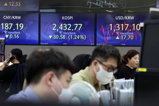 An electronic board showing the Korea Composite Stock Price Index at a dealing room of the Hana Bank headquarters in Seoul on Wednesday. (Yonhap)