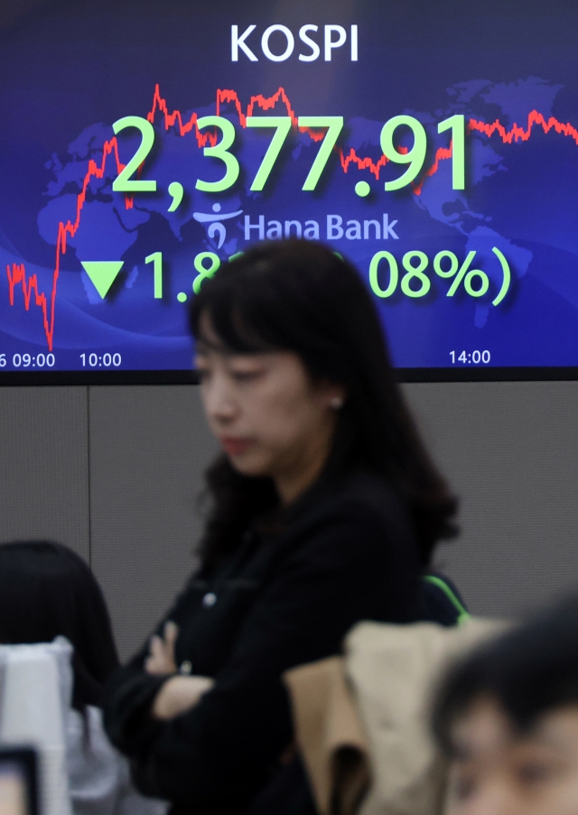 An electronic board showing the Korea Composite Stock Price Index at a dealing room of the Hana Bank headquarters in Seoul on Thursday. (Yonhap)