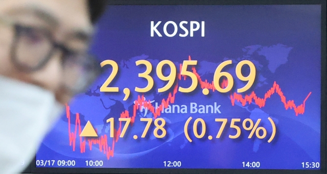 An electronic board showing the Korea Composite Stock Price Index at a dealing room of the Hana Bank headquarters in Seoul on Friday. (Yonhap)