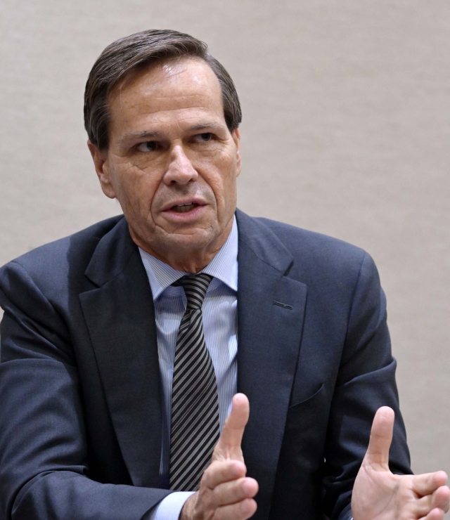 Indiana Secretary of Commerce Brad Chambers speaks during an interview with The Korea Herald on Friday at Coex, Gangnam, Seoul. (Lee Sang-sub/The Korea Herald)