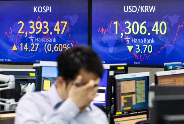 An electronic board showing the Korea Composite Stock Price Index at a dealing room of the Hana Bank headquarters in Seoul on Tuesday. (Yonhap)