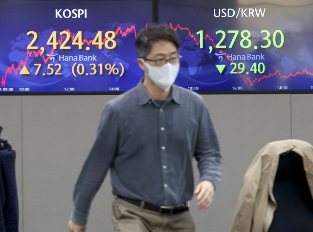 An electronic board showing the Korea Composite Stock Price Index at a dealing room of the Hana Bank headquarters in Seoul on Thursday. (Yonhap)