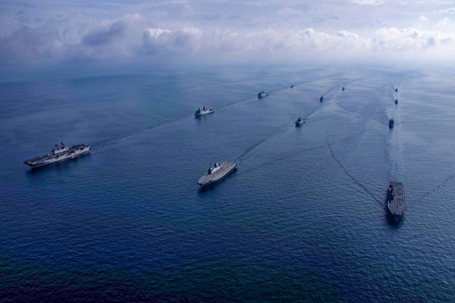 This photo released on Wednesday shows South Korean and US warships engaging in combined drills in waters off the southern city of Pohang. (South Korean Navy)