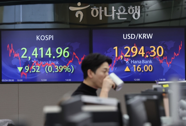 An electronic board showing the Korea Composite Stock Price Index at a dealing room of the Hana Bank headquarters in Seoul on Monday. (Yonhap)