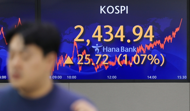 An electronic board showing the Korea Composite Stock Price Index at a dealing room of the Hana Bank headquarters in Seoul on Tuesday. (Yonhap)