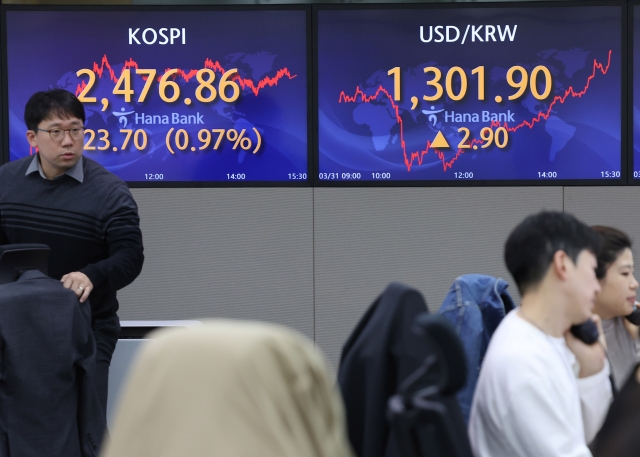 An electronic board showing the Korea Composite Stock Price Index at a dealing room of the Hana Bank headquarters in Seoul on Friday. (Yonhap)