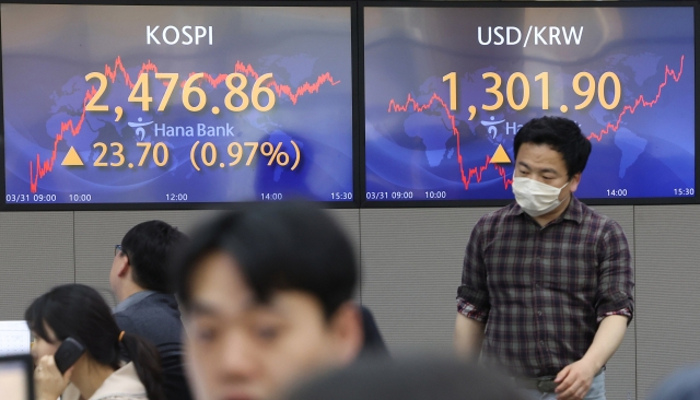 An electronic board showing the Korea Composite Stock Price Index at a dealing room of the Hana Bank headquarters in Seoul on Monday. (Yonhap)