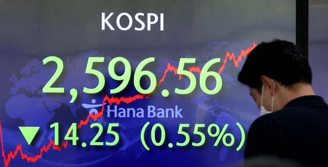 An electronic board showing the Korea Composite Stock Price Index at a dealing room of the Hana Bank headquarters in Seoul on Wednesday. (Yonhap)