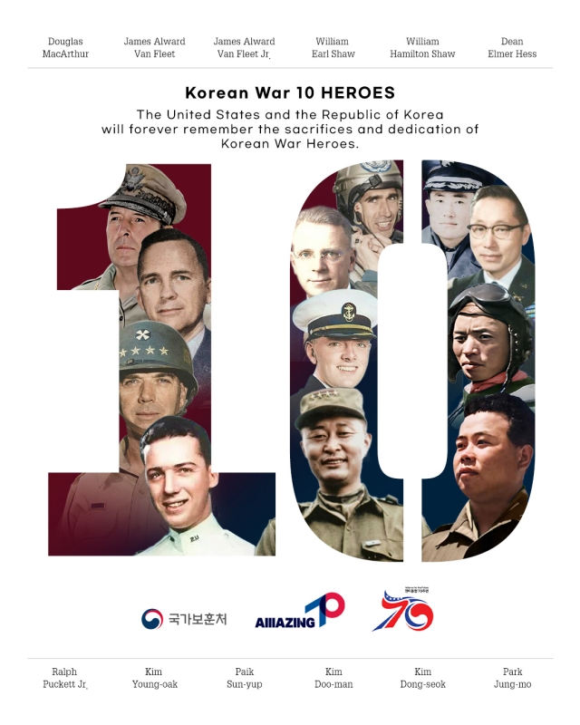 This photo shows 12 South Korean and US Korean War heroes, who have been chosen by South Korea's Ministry of Patriots and Veterans Affairs and the South Korea-US Combined Forces Command on the occasion of the 70th anniversary of the South Korea-US alliance. A 30-second ad featuring them will be displayed on billboards in Times Square in New York until May 3. (Photo - Ministry of Patriots and Veterans Affairs)