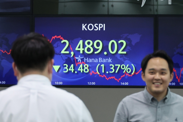 An electronic board showing the Korea Composite Stock Price Index at a dealing room of the Hana Bank headquarters in Seoul on Tuesday. (Yonhap)