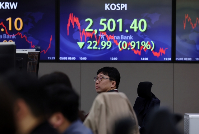 An electronic board showing the Korea Composite Stock Price Index at a dealing room of the Hana Bank headquarters in Seoul on Thursday. (Yonhap)