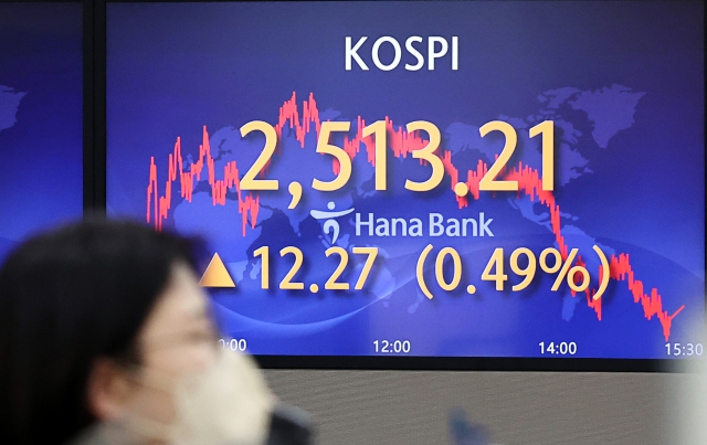 An electronic board showing the Korea Composite Stock Price Index at a dealing room of the Hana Bank headquarters in Seoul on Monday. (Yonhap)