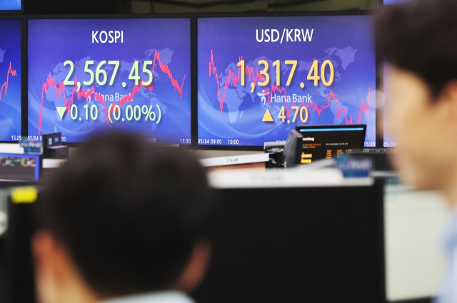 An electronic board showing the Korea Composite Stock Price Index at a dealing room of the Hana Bank headquarters in Seoul on Wednesday. (Yonhap)