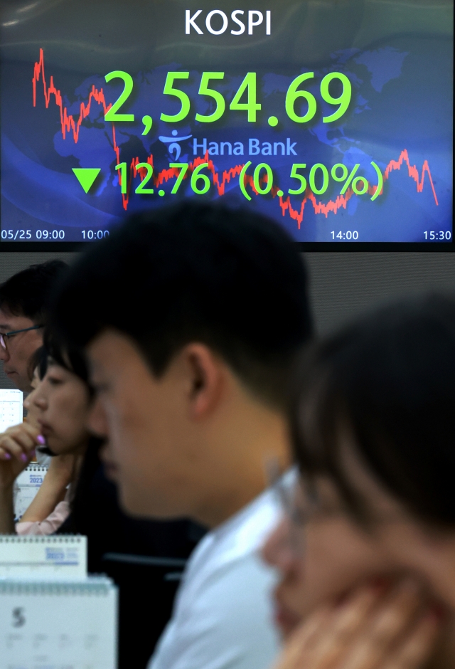 An electronic board showing the Korea Composite Stock Price Index at a dealing room of the Hana Bank headquarters in Seoul on Thursday. (Yonhap)