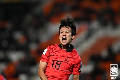 Park Seung-ho of South Korea celebrates his goal against Honduras during a Group F match at the FIFA U-20 World Cup at Estadio Malvinas Argentinas in Mendoza, Argentina, on Thursday. (KFA)