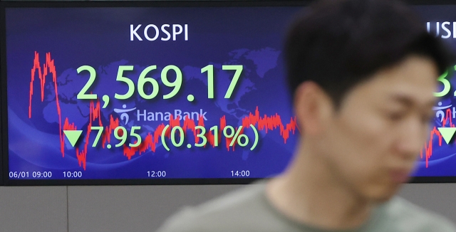 An electronic board showing the Korea Composite Stock Price Index at a dealing room of the Hana Bank headquarters in Seoul on Friday. (Yonhap)