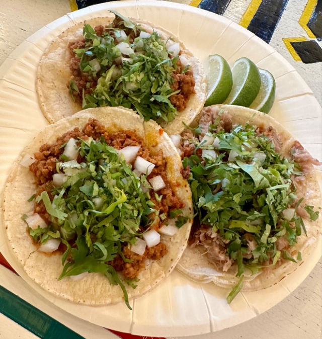 A selection of meat carnitas and Tolucan chorizo tacos served at Villa Guerrero (Ali Abbot/The Korea Herald)