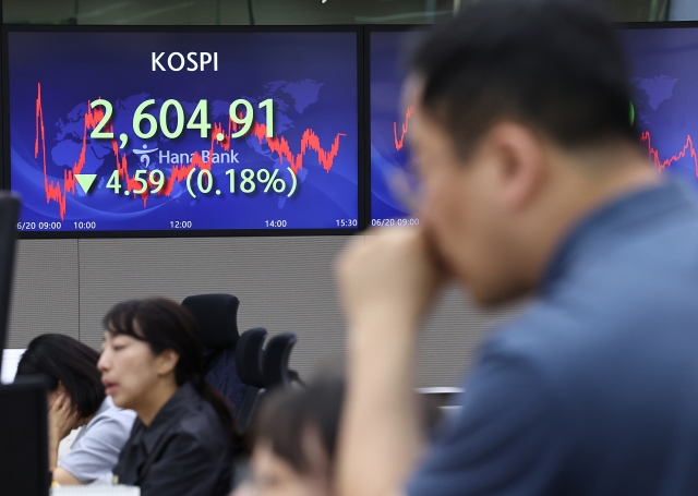 An electronic board showing the Korea Composite Stock Price Index at a dealing room of the Hana Bank headquarters in Seoul on Tuesday. (Yonhap)