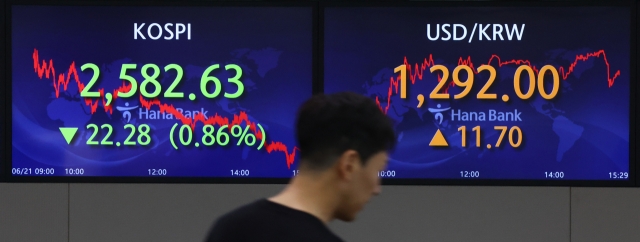 An electronic board showing the Korea Composite Stock Price Index at a dealing room of the Hana Bank headquarters in Seoul on Thursday. (Yonhap)