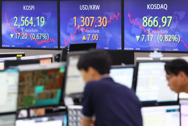 An electronic board showing the Korea Composite Stock Price Index at a dealing room of the Hana Bank headquarters in Seoul on Wednesday (Yonhap)