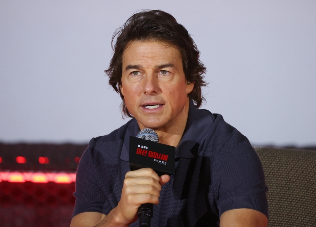 Tom Cruise speaks during a press conference held as part of his promotional world tour for “Mission: Impossible – Dead Reckoning Part One” at Lotte Cinema World Tower in Seoul, Thursday. (Yonhap)