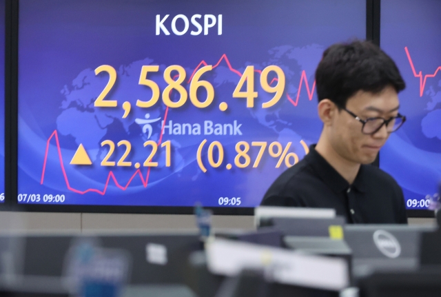 An electronic board showing the Korea Composite Stock Price Index at a dealing room of the Hana Bank headquarters in Seoul on Tuesday. (Yonhap)