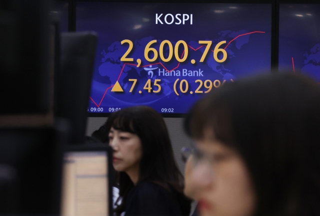 An electronic board showing the Korea Composite Stock Price Index at a dealing room of the Hana Bank headquarters in Seoul on Wednesday. (Yonhap)