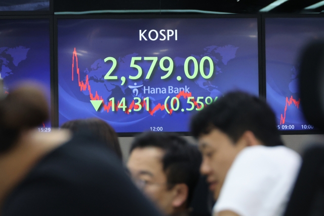 An electronic board showing the Korea Composite Stock Price Index at a dealing room of the Hana Bank headquarters in Seoul on Wednesday. (Yonhap)