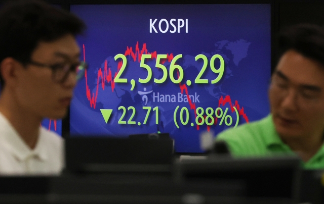 An electronic board showing the Korea Composite Stock Price Index at a dealing room of the Hana Bank headquarters in Seoul on Friday. (Yonhap)