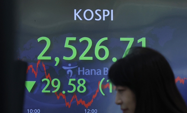 An electronic board showing the Korea Composite Stock Price Index at a dealing room of the Hana Bank headquarters in Seoul on Friday. (Yonhap)