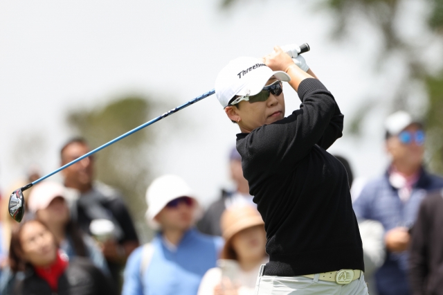 Shin Ji-yai of South Korea tees off on the ninth hole during the final round of the US Women's Open at Pebble Beach Golf Links in Pebble Beach, California, on Sunday. (Getty Images)