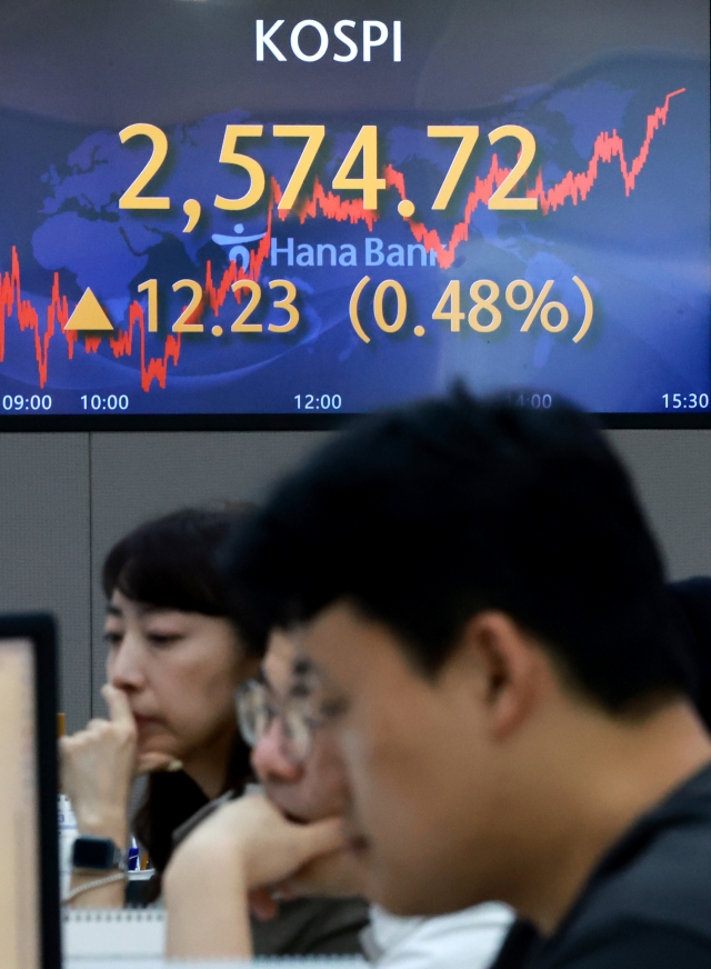 An electronic board showing the Korea Composite Stock Price Index at a dealing room of the Hana Bank headquarters in Seoul on Wednesday (Yonhap)