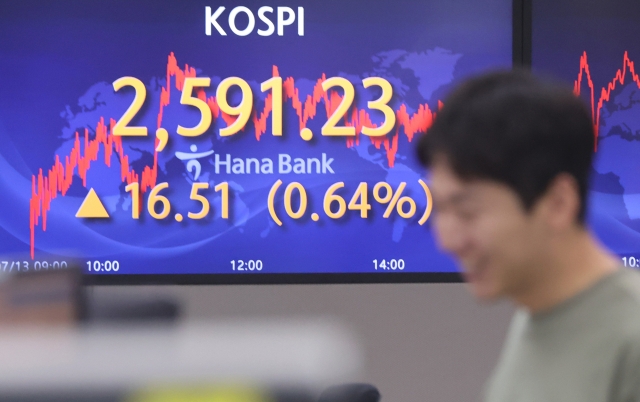 An electronic board showing the Korea Composite Stock Price Index at a dealing room of the Hana Bank headquarters in Seoul on Thursday. (Yonhap)